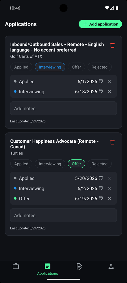 Application tracker showing each job and its stage